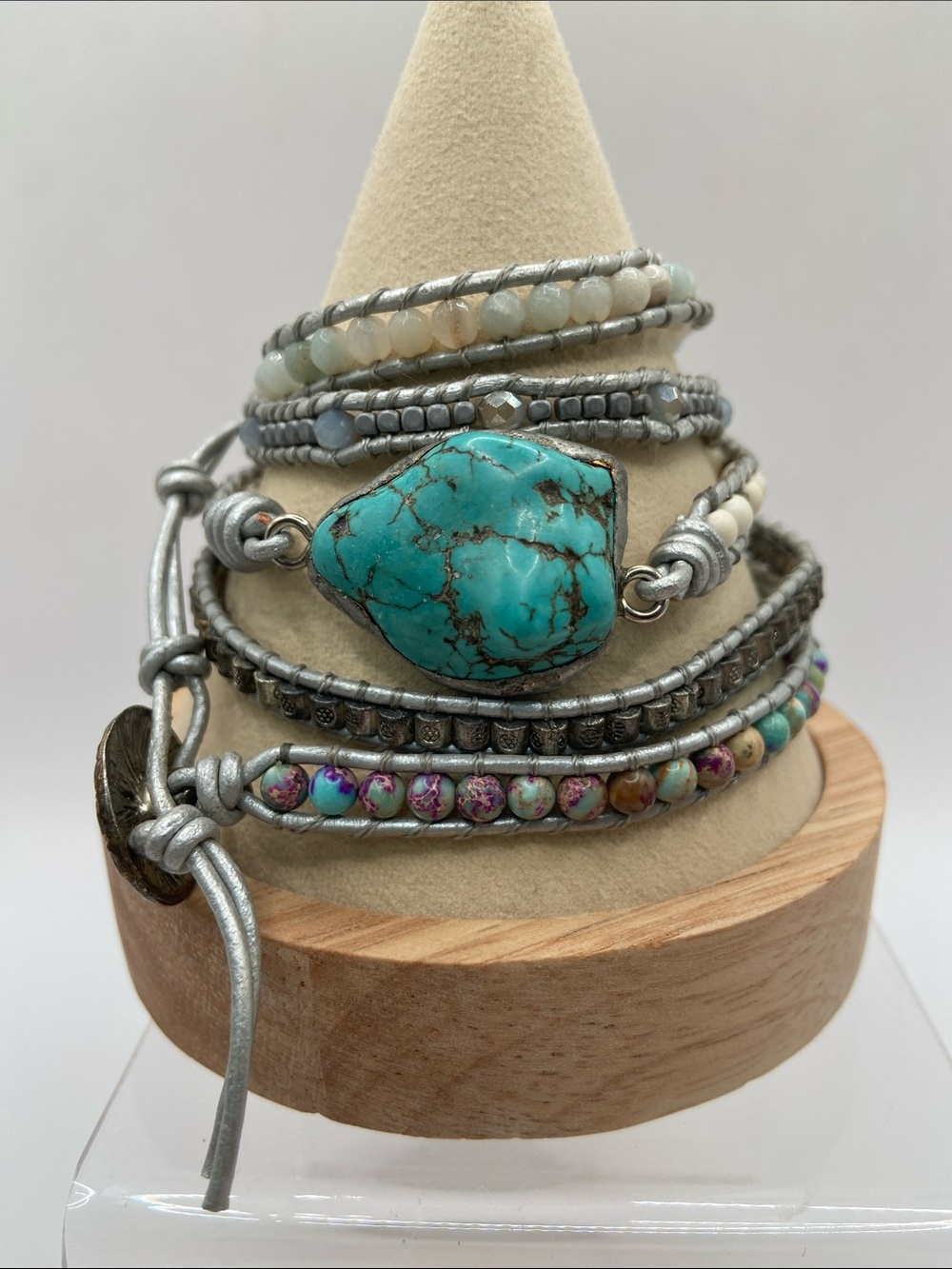 Healing Turquoise Protection Beaded Leather Wrap Bracelet Hand Crafted One Size